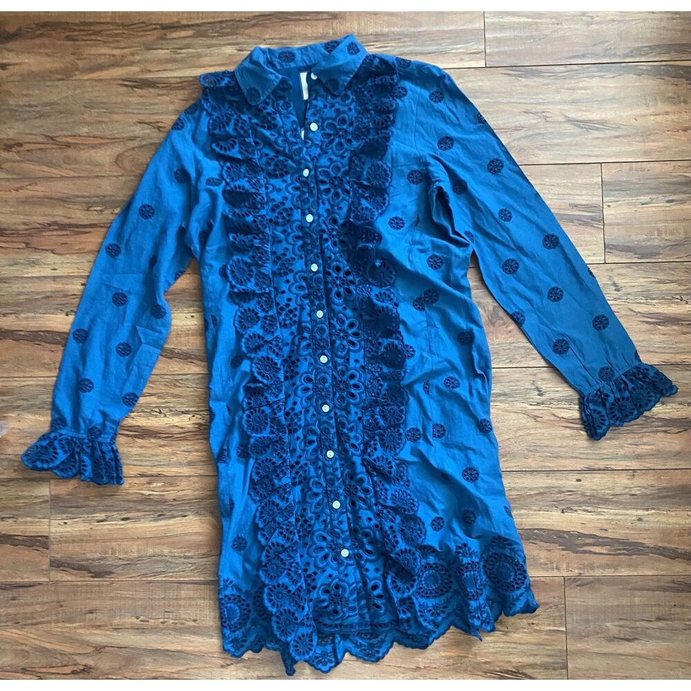ALICIA BELL Blue Eyelet Lace Tiered Maxi Shirt Dress S NWT